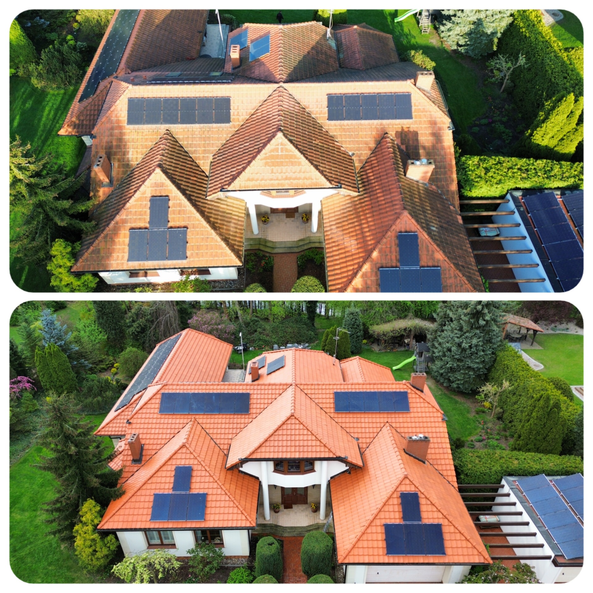 Zdjęcie 'przed i po' czyszczenia dachu z dachówką ceramiczną i panelami solarnymi, wykonane z lotu ptaka. Dach po prawej jest czysty, po lewej widać zabrudzenia.