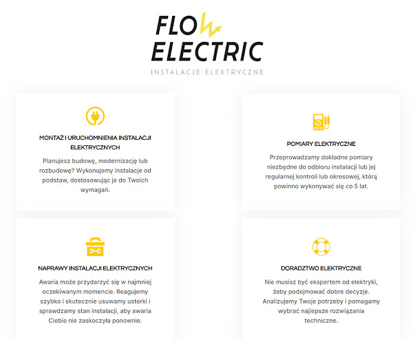 Grafika prezentująca ofertę firmy Flow Electric, obejmującą montaż i uruchomienia instalacji, pomiary, naprawy oraz doradztwo elektryczne, z żółtymi ikonami symbolizującymi poszczególne usługi...