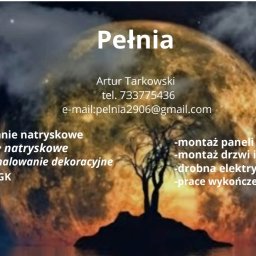 Pełnia - Grafika reklamowa firmy remontowej 'Pełnia' z ofertą: szpachlowanie i malowanie natryskowe, tynki dekoracyjne, zabudowy GK, montaż paneli, drzwi, drobna elektryka i prace wykończeniowe.