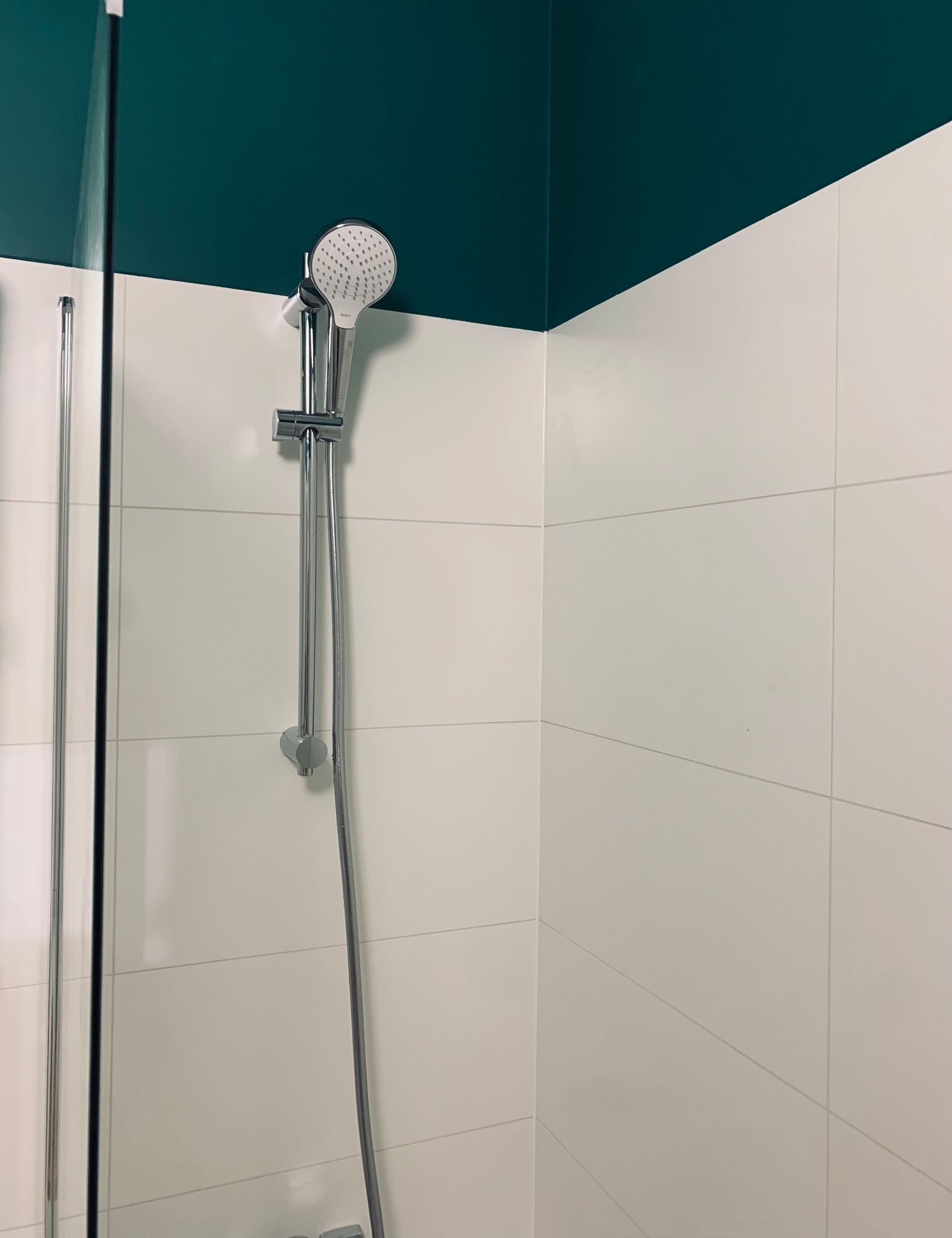 Nowoczesna kabina prysznicowa z chromowaną armaturą, białe płytki na ścianach i ciemnozielony sufit.