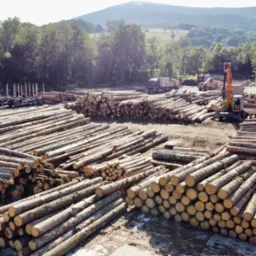 Szeroki widok na plac składowania drewna z ułożonymi stosami okrąglaków, ciężarówkami i koparką w tle, zalesione wzgórza na horyzoncie.