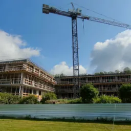 Budowa wielopiętrowego budynku z betonu i drewna, widoczne rusztowania i dwa żurawie wieżowe na tle błękitnego nieba z chmurami, ogrodzenie z blachy falistej w pierwszym planie.