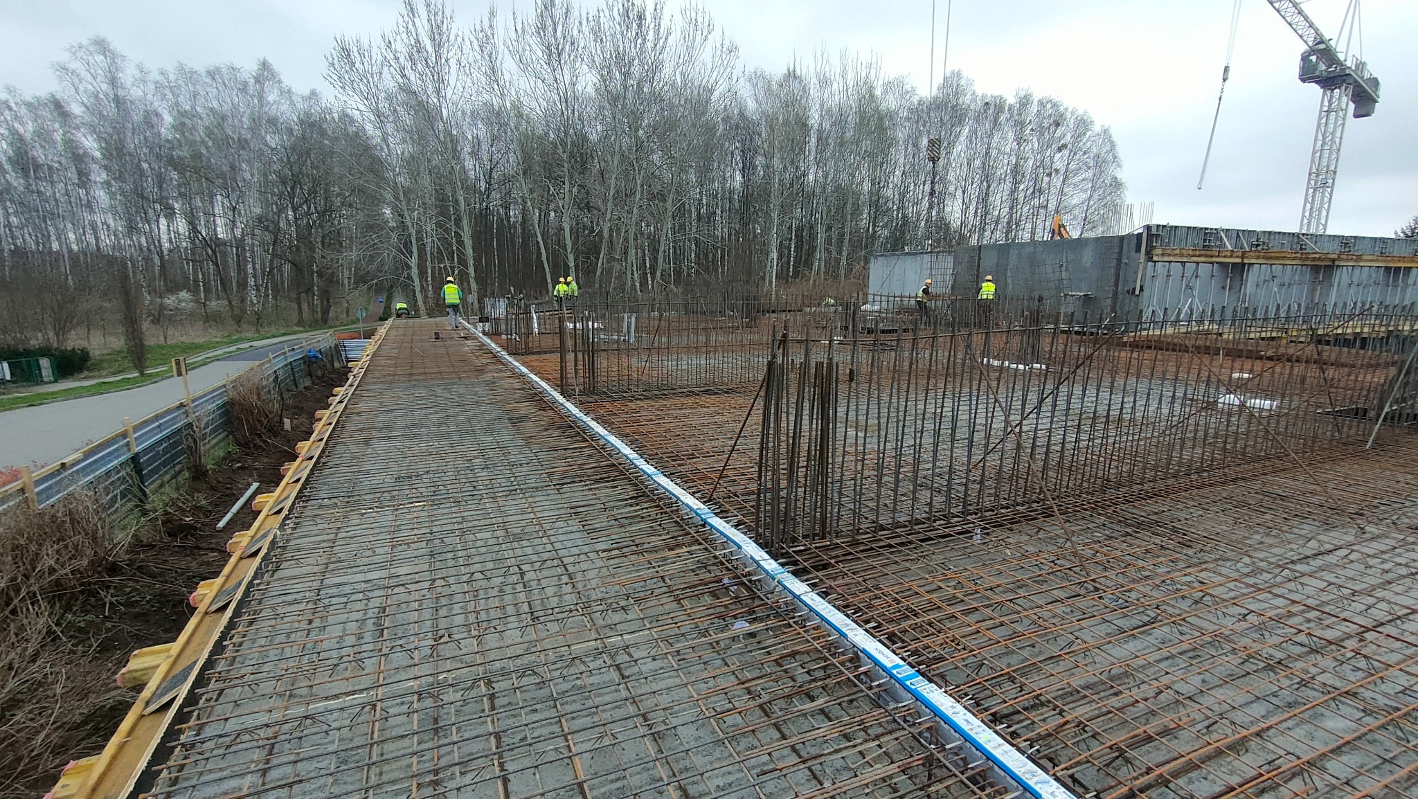 Zbrojenie fundamentów w trakcie budowy, widoczni pracownicy w żółtych kamizelkach, w tle drzewa i żuraw budowlany.