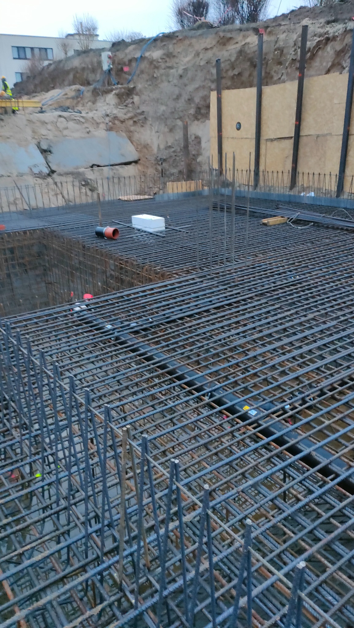 Zbrojenie płyty fundamentowej z widocznymi pionowymi prętami, rurami instalacyjnymi i fragmentem wykopu z drewnianym szalunkiem w tle.