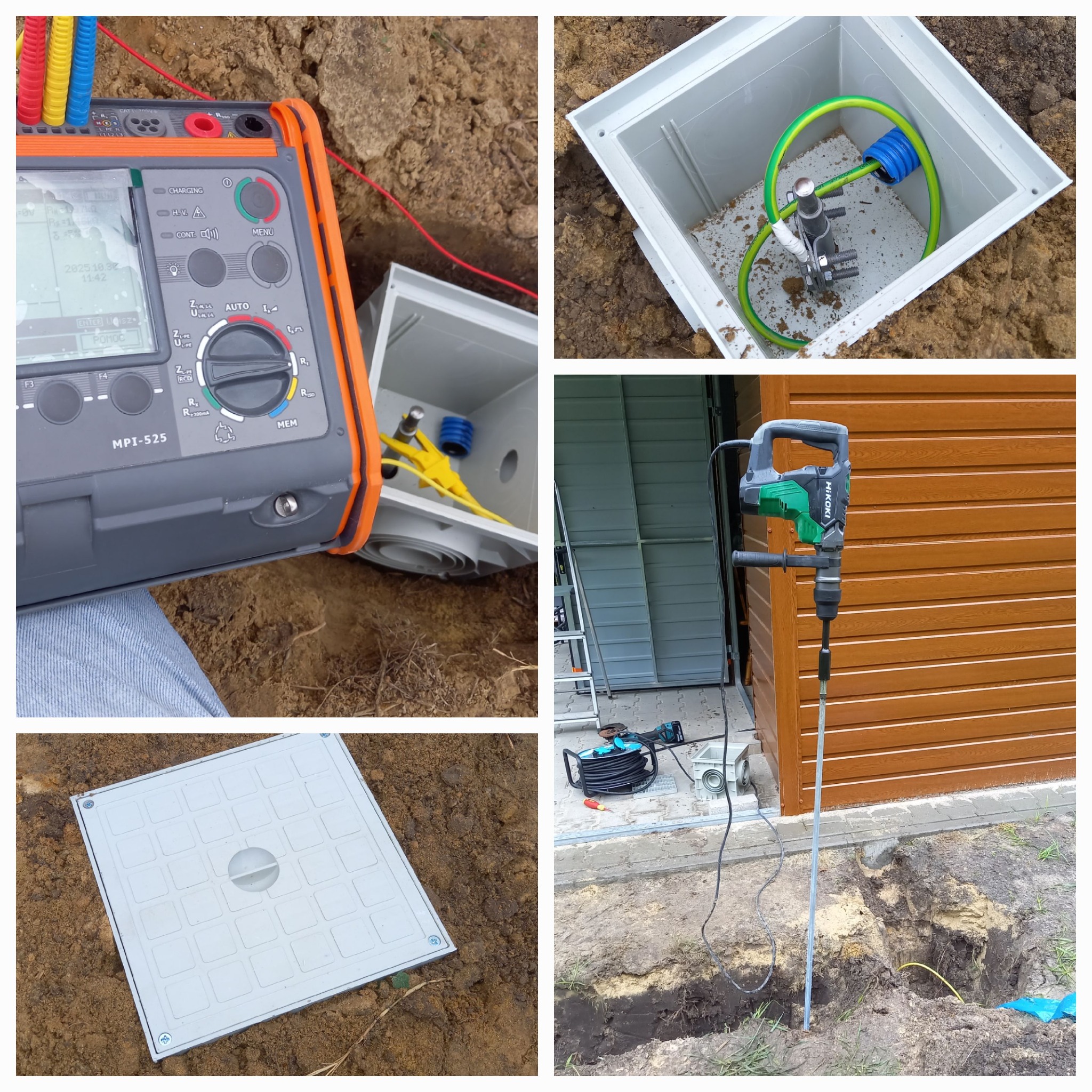 Etapy montażu uziemienia: pomiar rezystancji miernikiem MPI-525, skrzynka z przyłączem, wbicie szpilki uziemiającej młotem udarowym. Prace ziemne w tle.