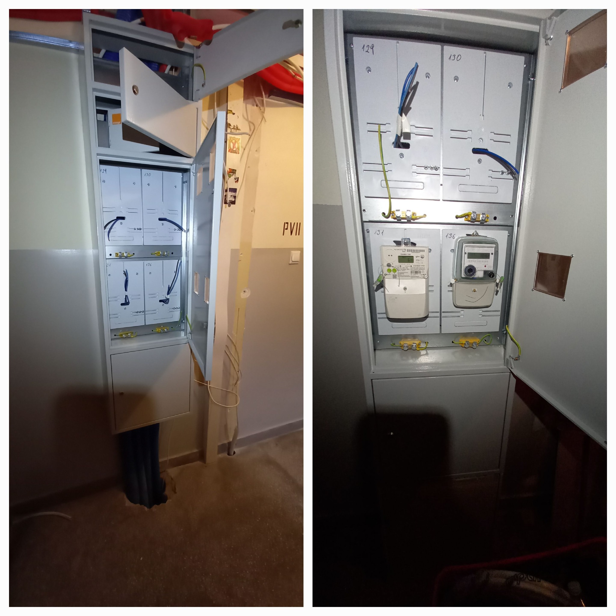 Szara skrzynka elektryczna z otwartymi drzwiczkami, widoczne kable i liczniki. Ujęcie z bliska, skupione na wnętrzu skrzynki i elementach instalacji.