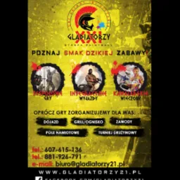 Plakat reklamowy strefy paintballowej Gladiatorzy XXI, oferującej zespołowe gry, integracyjne wyjazdy i wieczory kawalerskie, a także dojazd, grill/ognisko, zawody, pole namiotowe i turnieje...