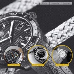 Sławomir Hirsz - Strona internetowa prezentująca kolekcję zegarków, z dominującym dużym zegarkiem na pierwszym planie i mniejszymi miniaturami innych modeli poniżej, całość w tonacji szarości z elementami bieli...
