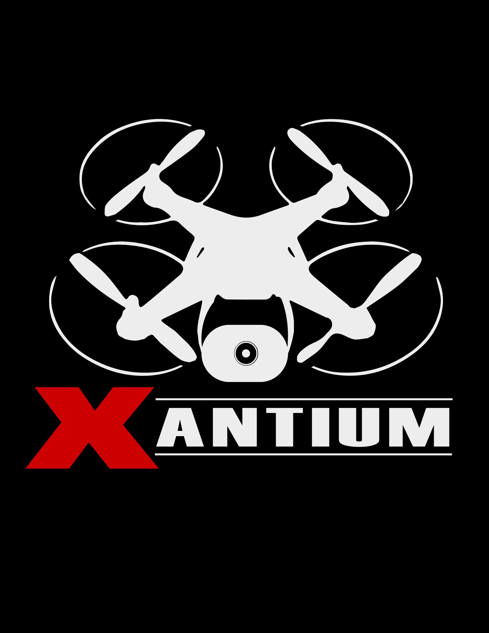 Grafika wektorowa przedstawiająca biały dron z czterema wirnikami na czarnym tle, z czerwonym 'X' i białym napisem 'ANTIUM' poniżej.