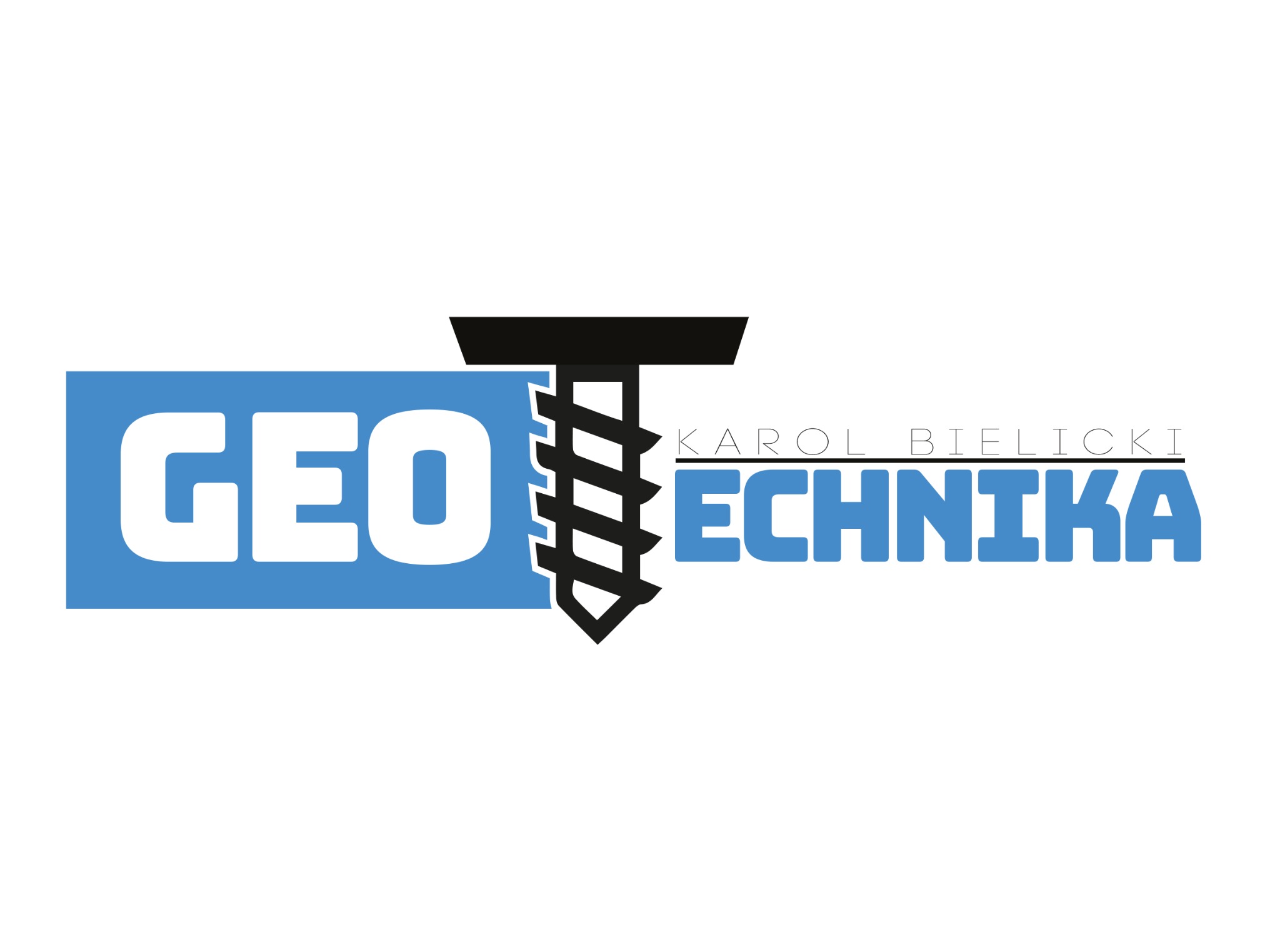 Profesjonalne logo firmy 'GEO-TECHNIKA Karol Bielicki' z elementem graficznym stylizowanym na wiertło w kolorze czarnym, umieszczonym pomiędzy niebieskimi blokami tekstu.