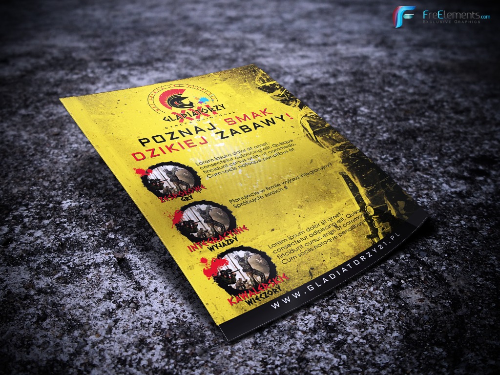 Żółto-czarny ulotka reklamowa z motywem gladiatorów i paintballa, leżąca na szorstkiej, ciemnej powierzchni.