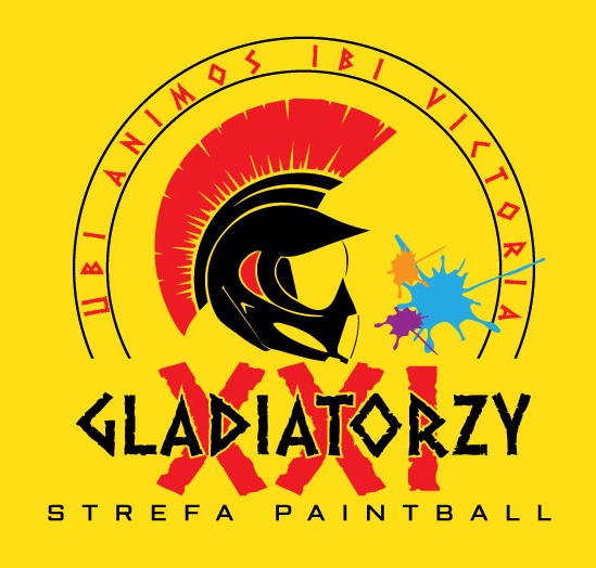 Logo firmy 'Gladiatorzy Strefa Paintball' z motywem hełmu gladiatora i plamami farby na żółtym tle.