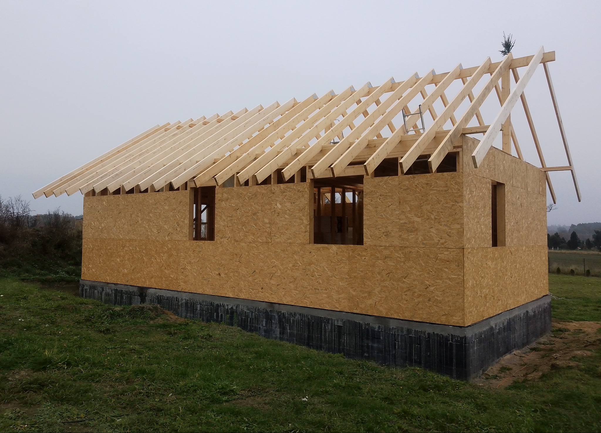 Surowy stan domu w konstrukcji szkieletowej z widocznym drewnianym szkieletem dachu i ścianami z płyt OSB na fundamencie z bloczków betonowych, na tle zielonej trawy i pochmurnego nieba.
