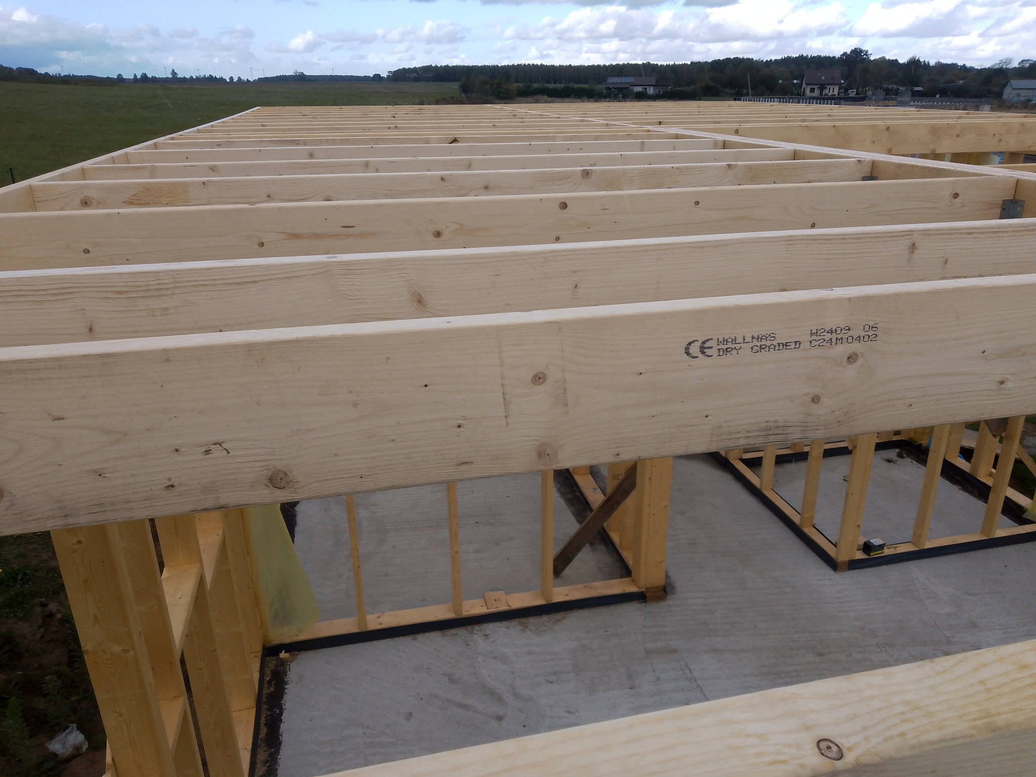 Surowa konstrukcja drewniana domu w trakcie budowy, widoczne belki stropowe i ściany szkieletowe na fundamencie, z widokiem na krajobraz w tle.