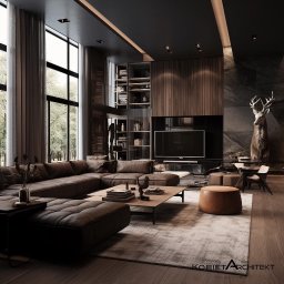 Kobietarchitekt DOMINIKA SARNECKA-ZDYB - Przestronny salon w ciemnych tonacjach z narożną sofą, drewnianą ścianą TV, regałem na książki, dekoracyjnym porożem jelenia i dużymi oknami z widokiem na zieleń.