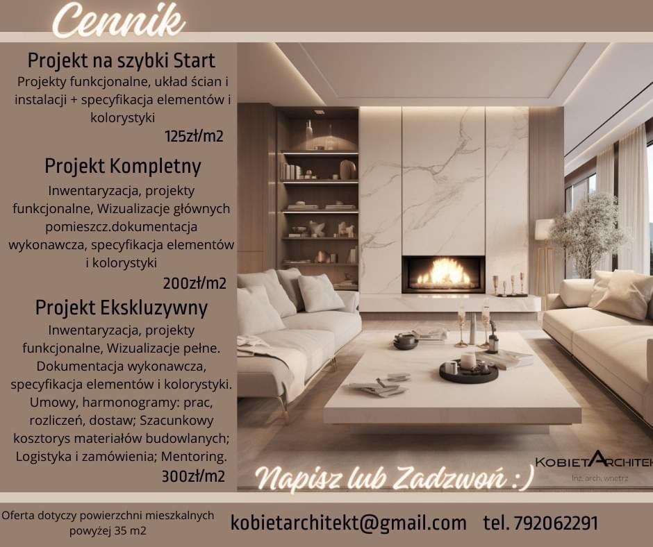 Cennik projektów wnętrzarskich z wizualizacją salonu: minimalistyczny salon z marmurowym kominkiem, białą sofą i stolikiem kawowym, oferta KOBIETARCHITEKT.