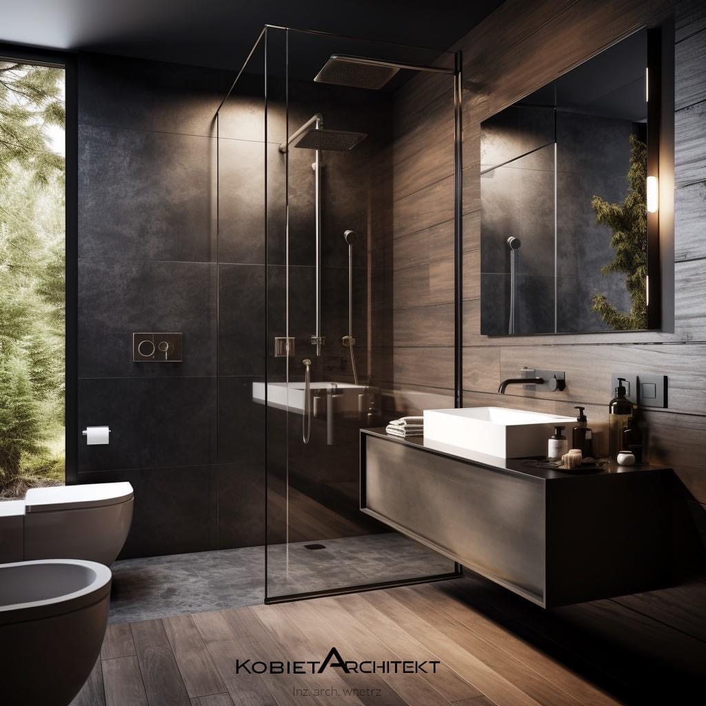 Nowoczesna łazienka z kabiną prysznicową ze szkła, drewnianymi panelami ściennymi, podwieszaną szafką z umywalką, lustrem z oświetleniem i toaletą w odcieniach szarości i brązu, z widokiem...