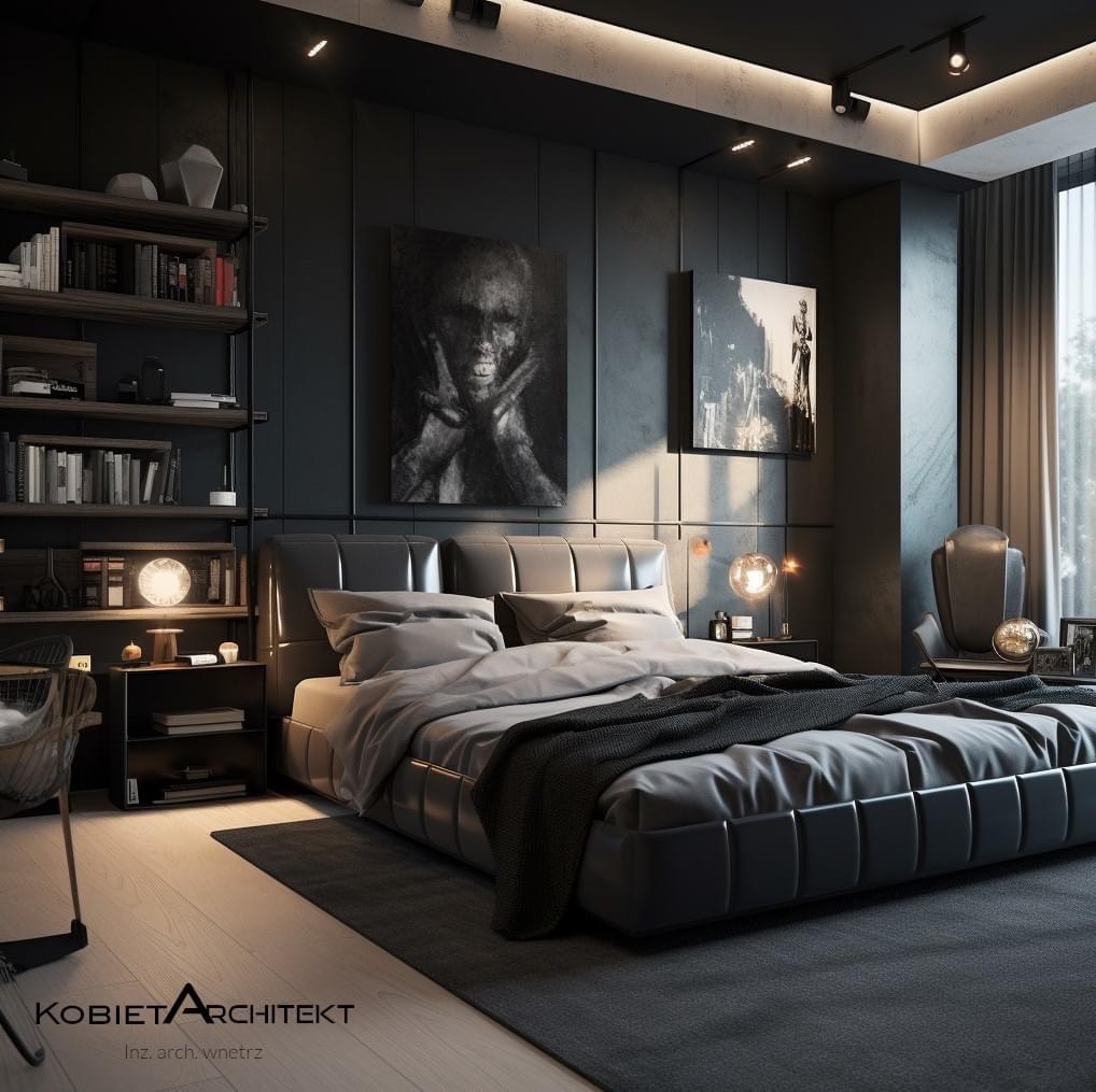 Nowoczesna sypialnia w ciemnych barwach z łóżkiem kontynentalnym, czarnym dywanem, półkami z książkami i abstrakcyjnymi obrazami na ścianie, podkreślona listwami LED w suficie i logo projektanta...