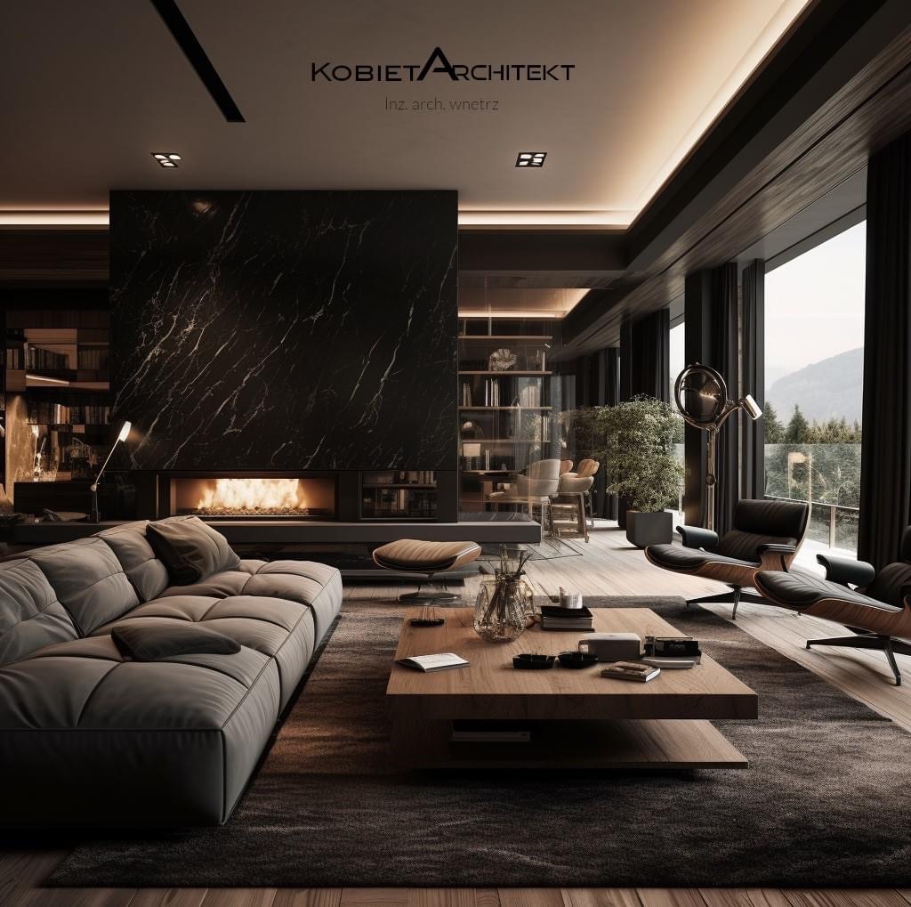 Luksusowy salon z kominkiem obłożonym czarnym marmurem, szarą sofą modułową, drewnianym stolikiem kawowym i widokiem na góry za oknem.