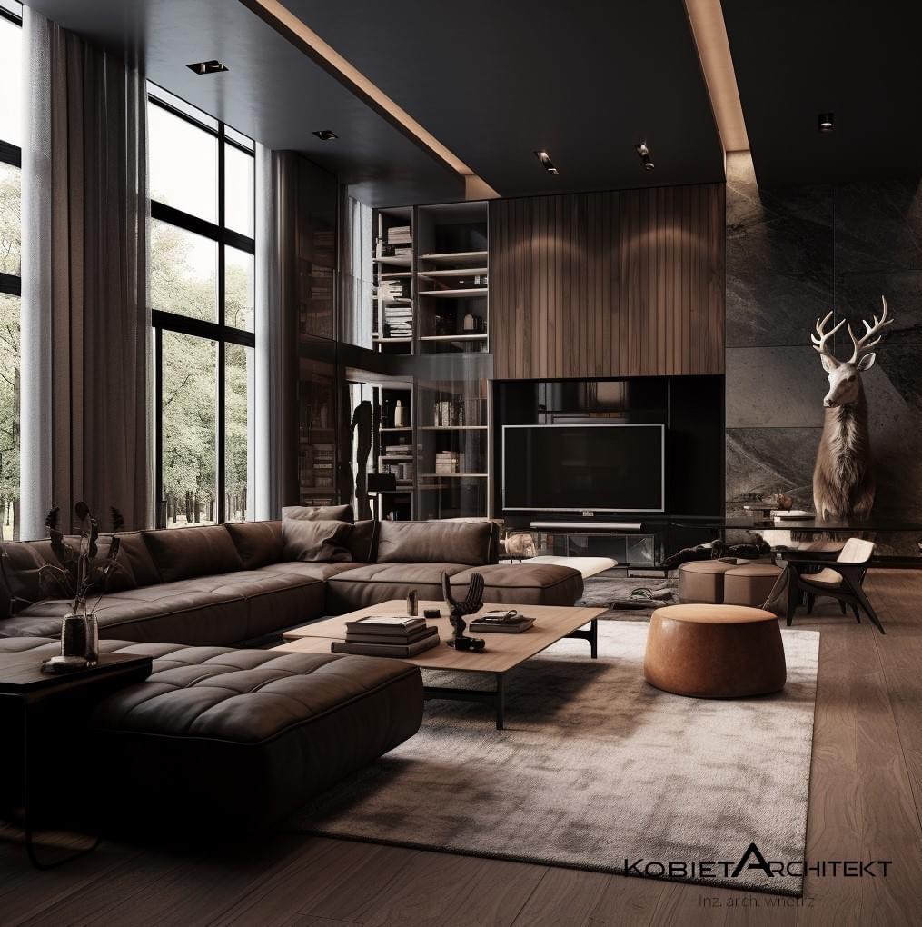 Przestronny salon w ciemnych tonacjach z narożną sofą, drewnianą ścianą TV, regałem na książki, dekoracyjnym porożem jelenia i dużymi oknami z widokiem na zieleń.