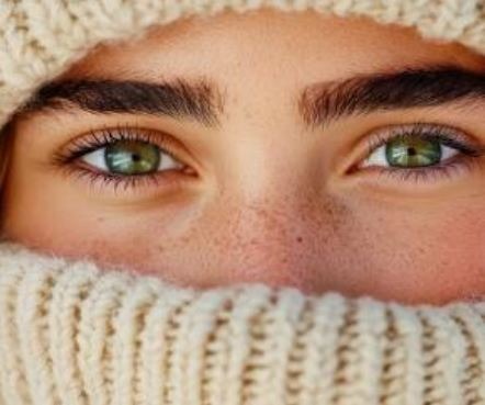Zbliżenie na twarz osoby z zielonymi oczami, częściowo zakrytą kremowym, grubym szalikiem i czapką, z widocznymi piegami na policzkach.