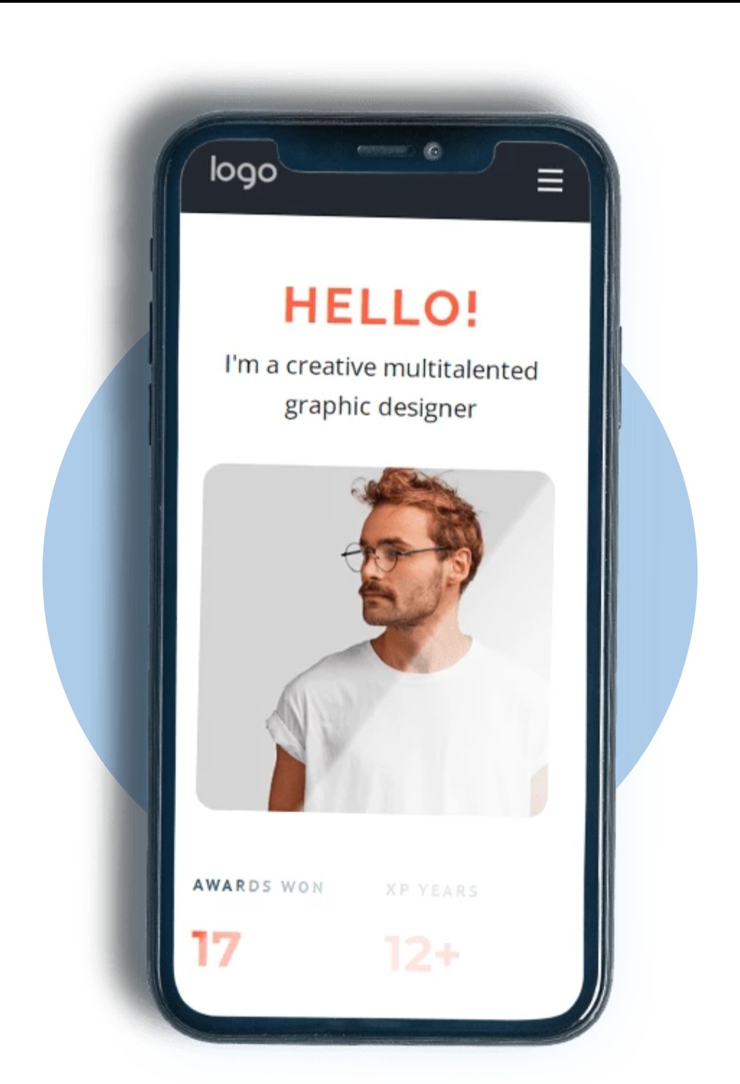 Smartfon prezentuje portfolio grafika: zdjęcie, opis 'Jestem kreatywnym, utalentowanym grafikiem', liczba nagród i lat doświadczenia. Minimalistyczny design.