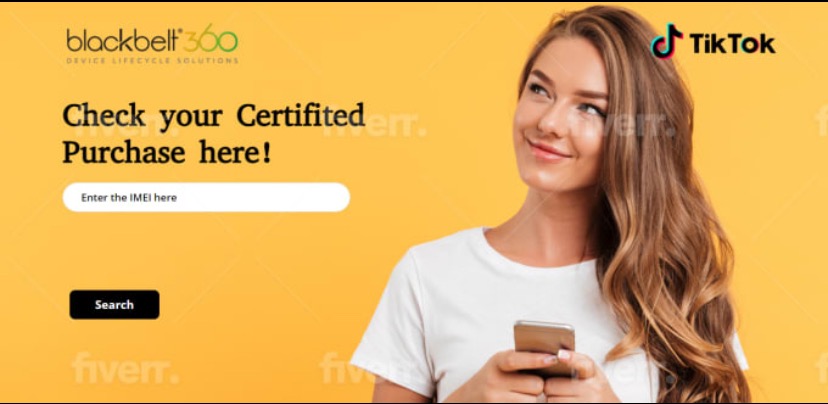 Strona internetowa z formularzem do sprawdzenia certyfikatu zakupu urządzenia, z logo firmy Blackbelt 360 i TikTok, prezentowana przez uśmiechniętą kobietę trzymającą smartfon na żółtym tle.