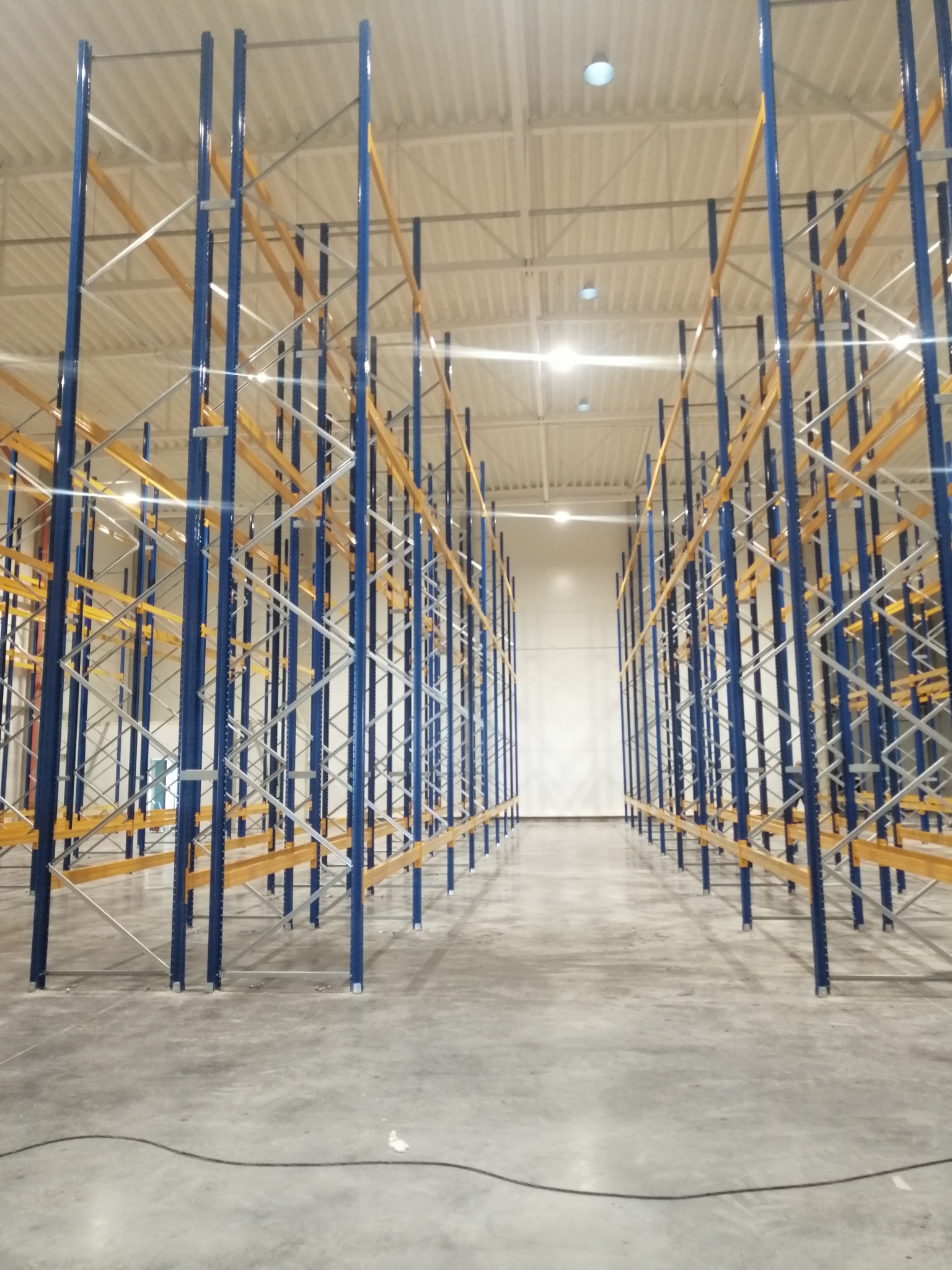 Puste, niebiesko-żółte regały magazynowe ustawione w rzędach w nowej hali z betonową podłogą i białym sufitem z lampami.