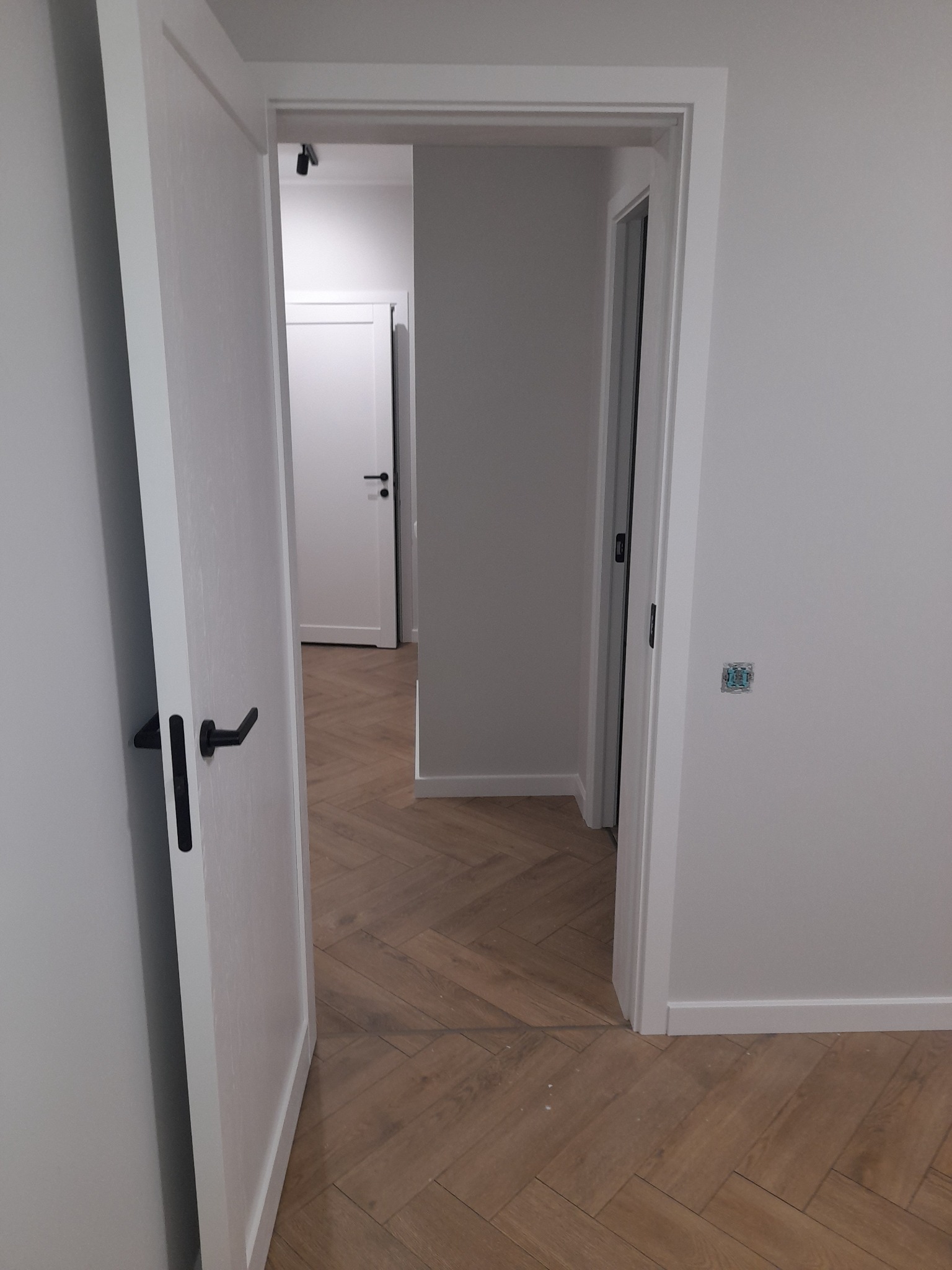 Nowoczesne wnętrze z podłogą ułożoną w jodełkę, białe ściany i otwarte drzwi z czarnymi klamkami, widoczna puszka elektryczna bez osprzętu na ścianie.