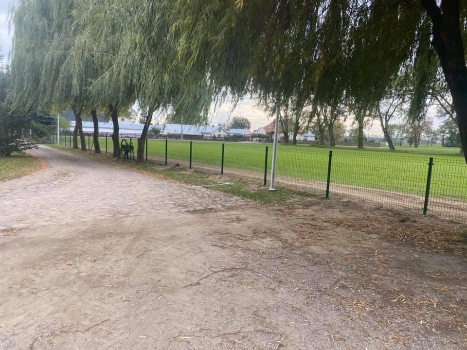 Zielone ogrodzenie z siatki panelowej oddziela ścieżkę od rozległego trawnika, widok z perspektywy ziemi, z drzewami w tle.