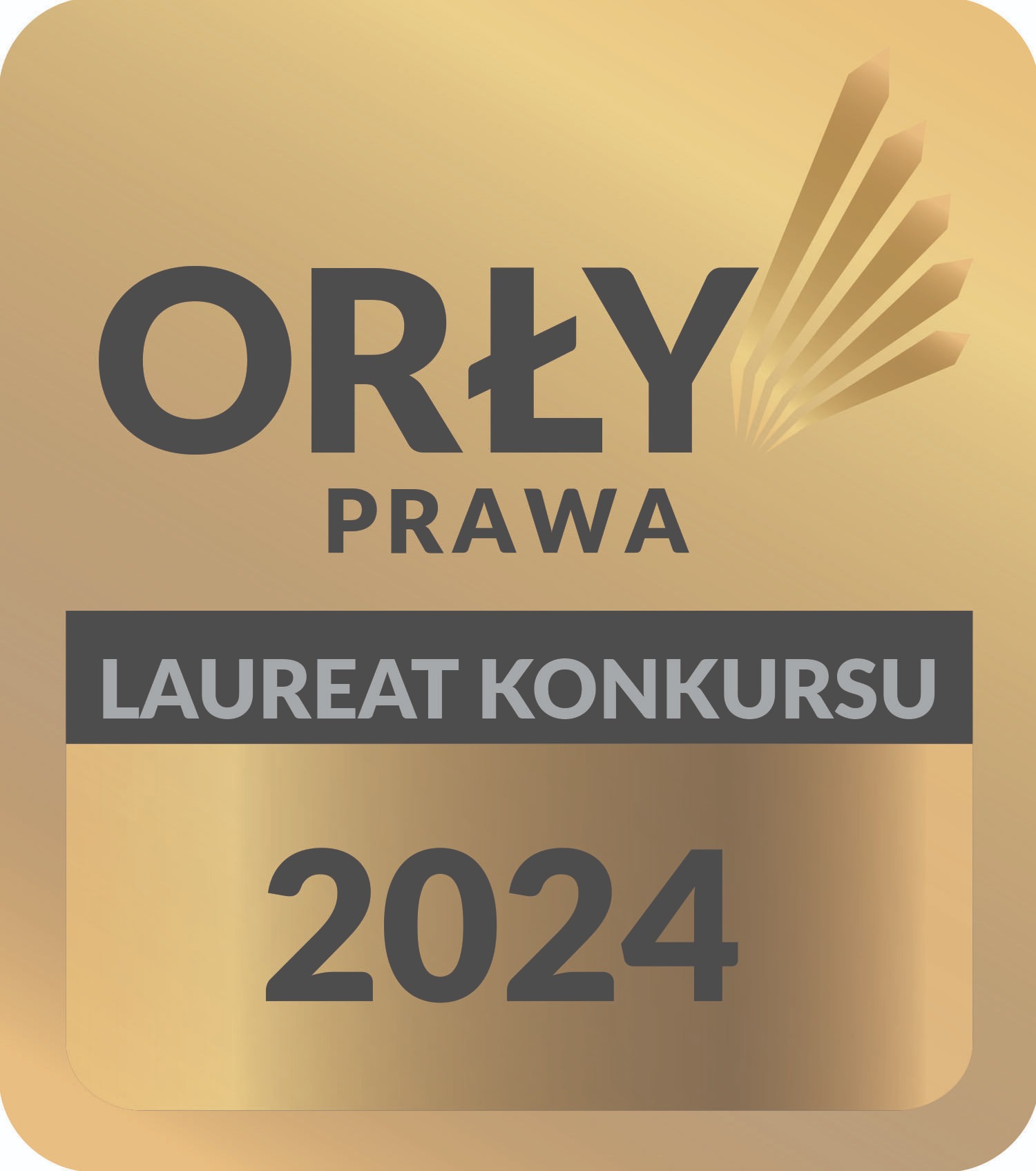Złota plakietka z napisem 'Orły Prawa' i 'Laureat Konkursu 2024' oraz graficznym symbolem rozchodzących się promieni.