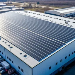 Duży budynek magazynowy z panelami fotowoltaicznymi na dachu, widok z góry, z zaparkowanymi samochodami i ciężarówkami wzdłuż budynku.