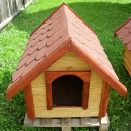 Drewniana buda dla psa z czerwoną dachówką bitumiczną, umieszczona na palecie na trawie, w tle widoczny drewniany płot i kamienny budynek.