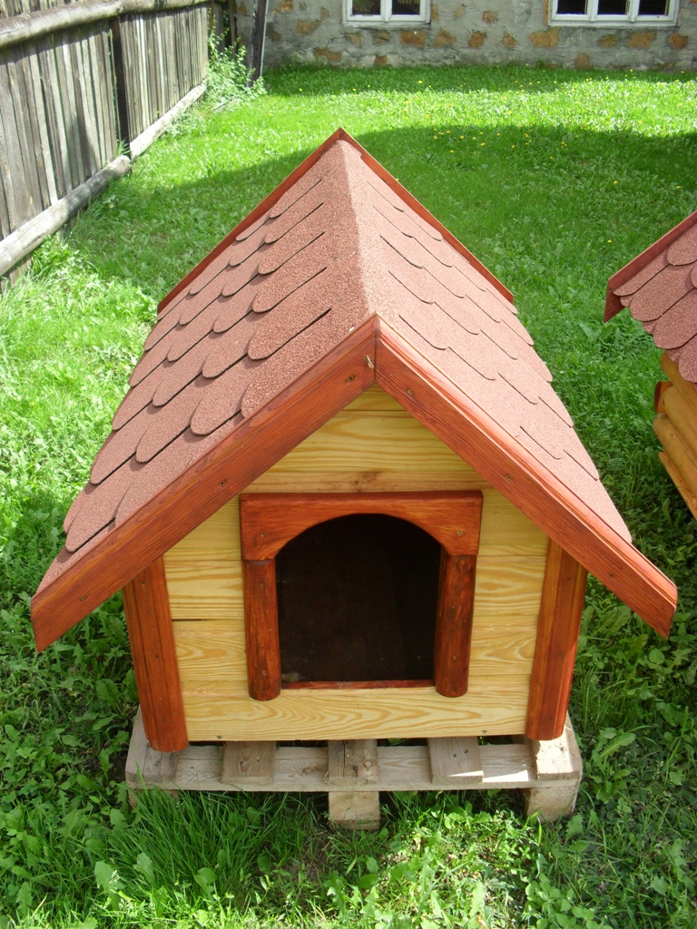 Drewniana buda dla psa z czerwoną dachówką bitumiczną, umieszczona na palecie na trawie, w tle widoczny drewniany płot i kamienny budynek.