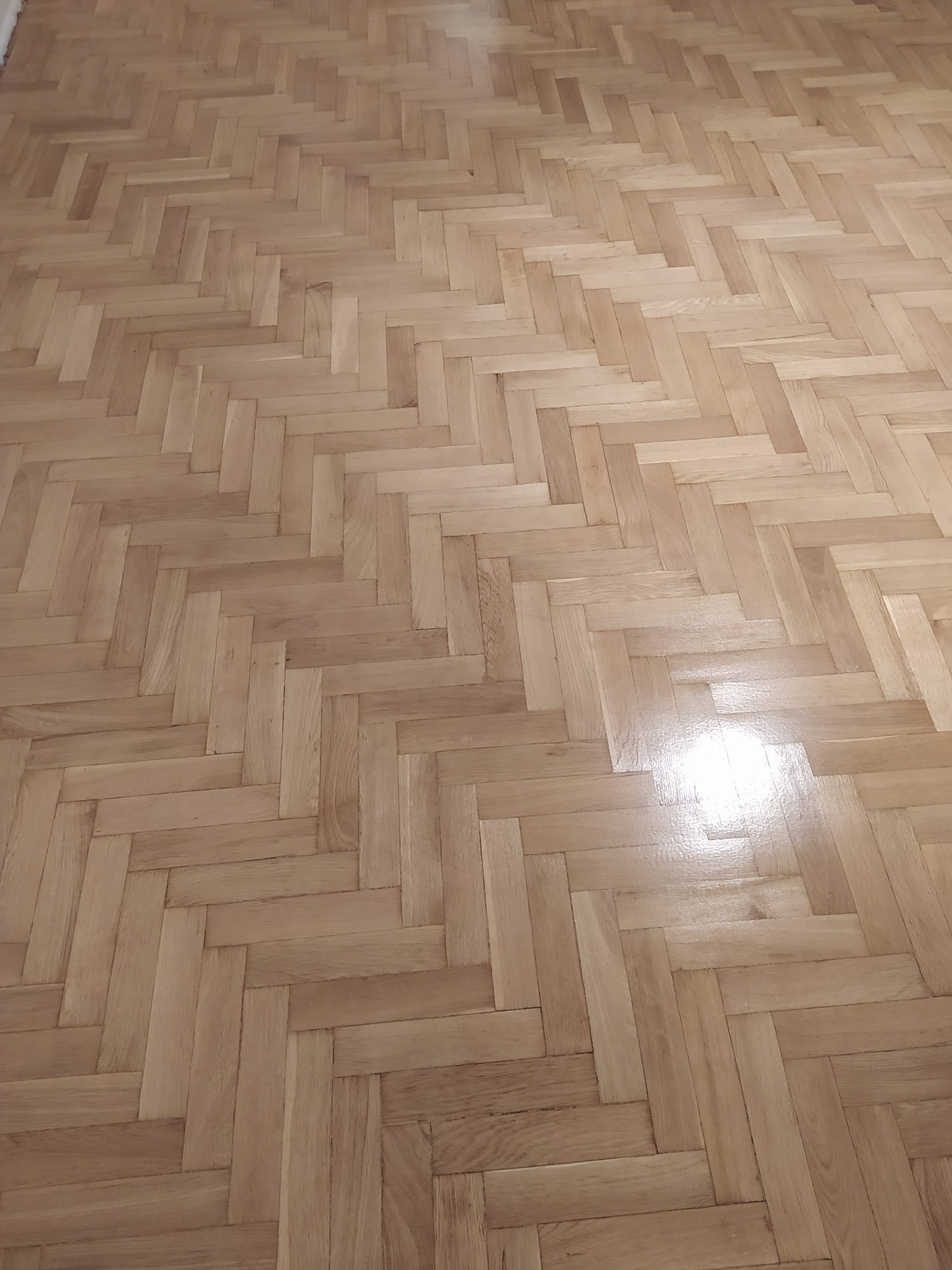 Jasny parkiet ułożony we wzór jodełki francuskiej, widoczne delikatne refleksy świetlne na powierzchni.