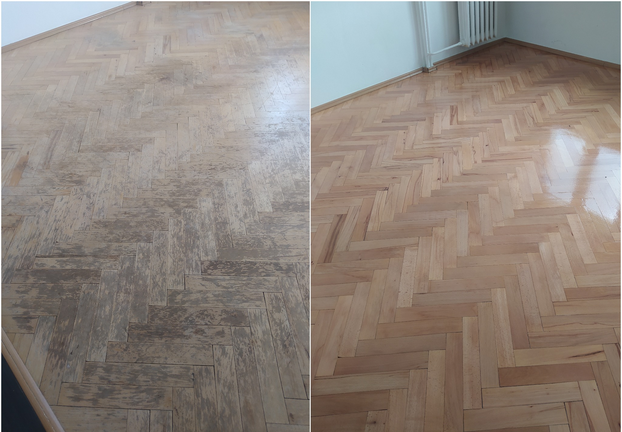 Porównanie stanu parkietu przed i po renowacji: zniszczona, matowa powierzchnia z lewej strony kontrastuje z odnowioną, błyszczącą i gładką powierzchnią z prawej, układaną w jodełkę.