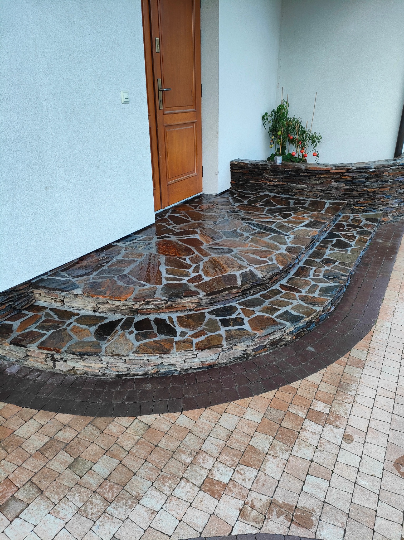 Kamienne schody wejściowe z nieregularnych płyt, obrzeża z kostki brukowej, donica z pomidorami przy ścianie. Widok na drzwi wejściowe i fragment elewacji.