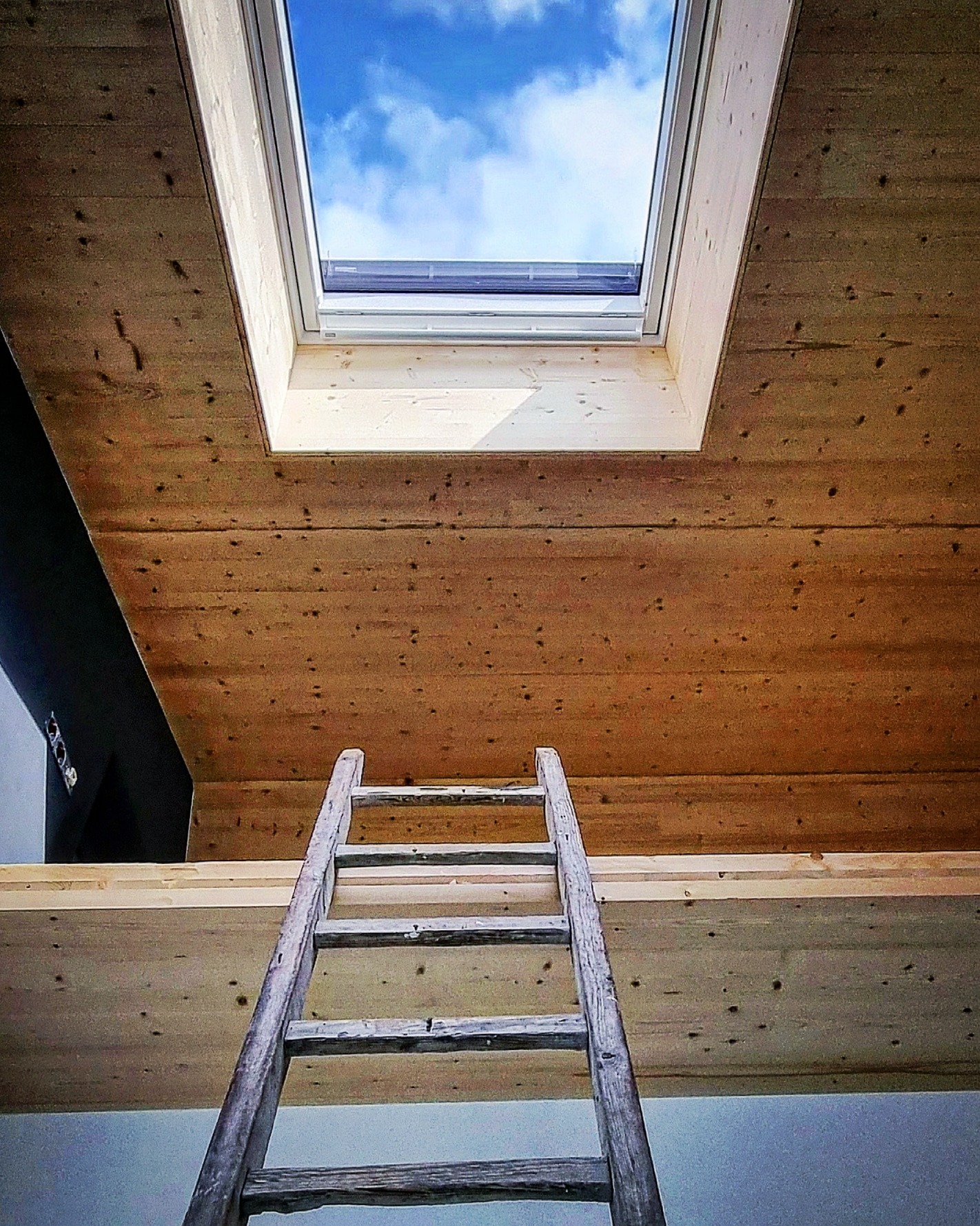 Wnętrze z drewnianym sufitem i oknem dachowym, widok od dołu z drewnianą drabiną opartą o antresolę, błękitne niebo widoczne przez okno.