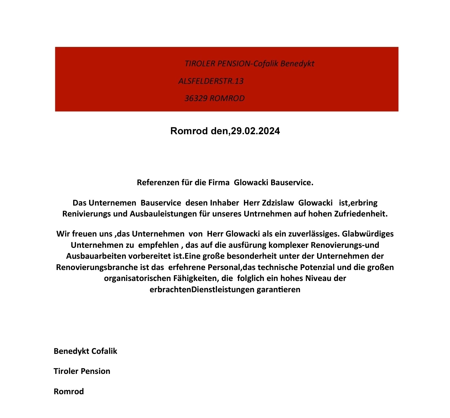 Skan referencji dla firmy Glowacki Bauservice, wystawionych przez Tiroler Pension-Cofalik Benedykt z Romrod, datowany na 29.02.2024, zawierający treść rekomendacji w języku niemieckim.