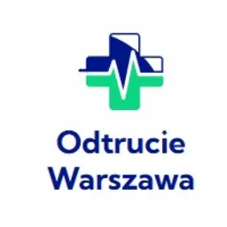 Logo prywatnej kliniki: zielono-niebieski krzyż z symbolem EKG w środku, pod spodem napis 'Odtrucie Warszawa' w dwóch wierszach, całość na białym tle.