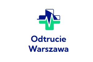 Logo prywatnej kliniki: zielono-niebieski krzyż z symbolem EKG w środku, pod spodem napis 'Odtrucie Warszawa' w dwóch wierszach, całość na białym tle.