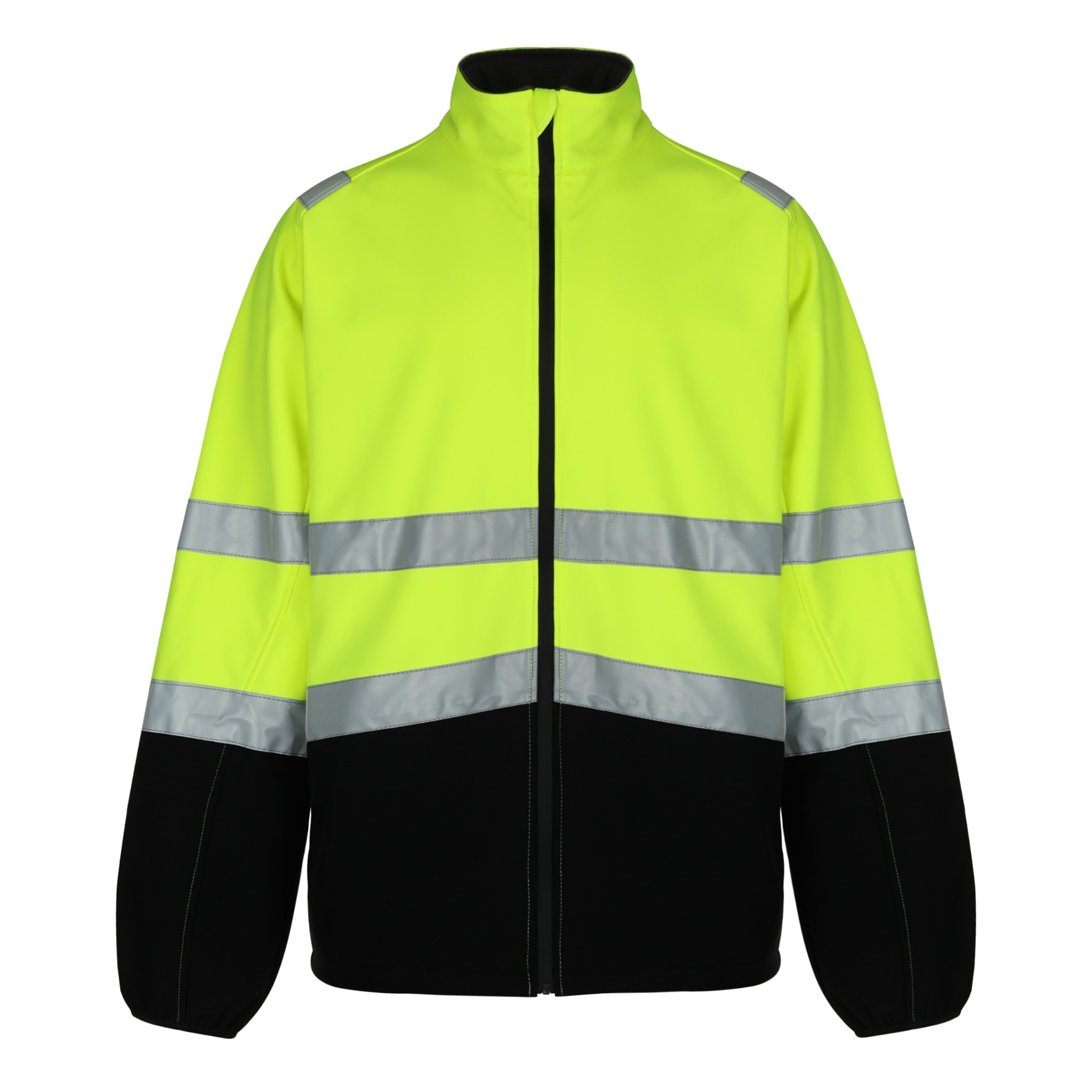 Żółto-czarna kurtka robocza z odblaskowymi pasami, zapinana na zamek, na białym tle. Widoczny przód kurtki, brak osoby.