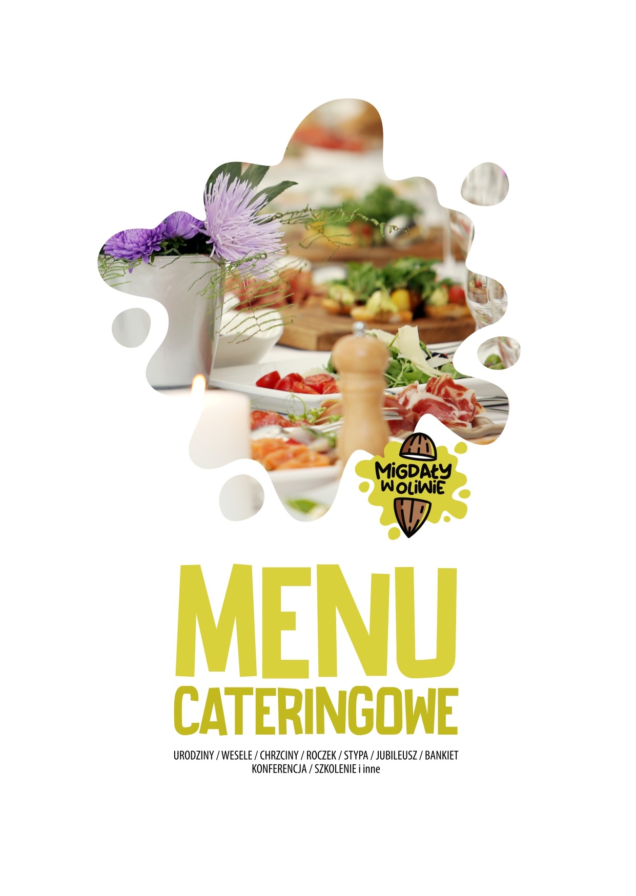 Grafika reklamowa menu cateringowego firmy z Krakowa, z widocznymi przekąskami, kwiatami w wazonie i świecą, wszystko w estetycznej kompozycji.