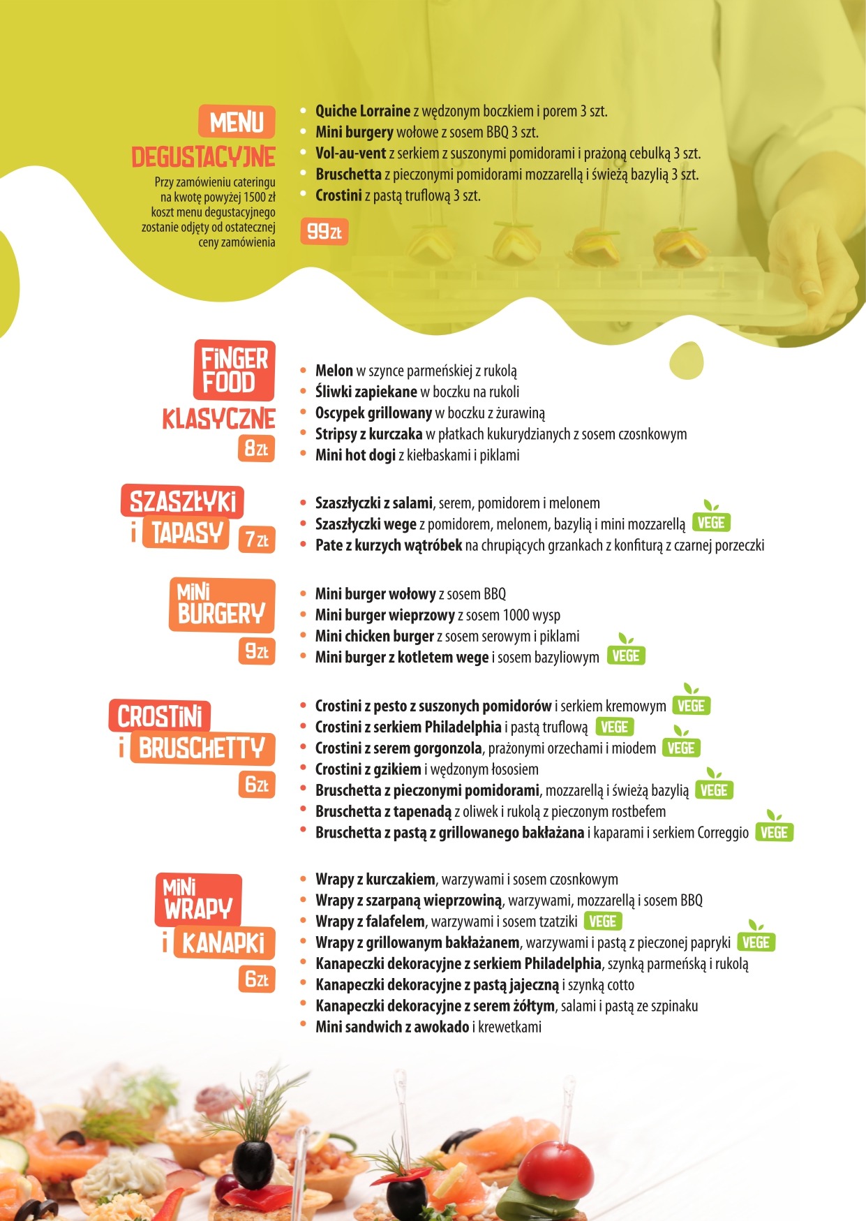 Menu degustacyjne z ofertą finger food, szaszłyków, mini burgerów, crostini i wrapów, prezentujące różnorodność przekąsek na przyjęcia.