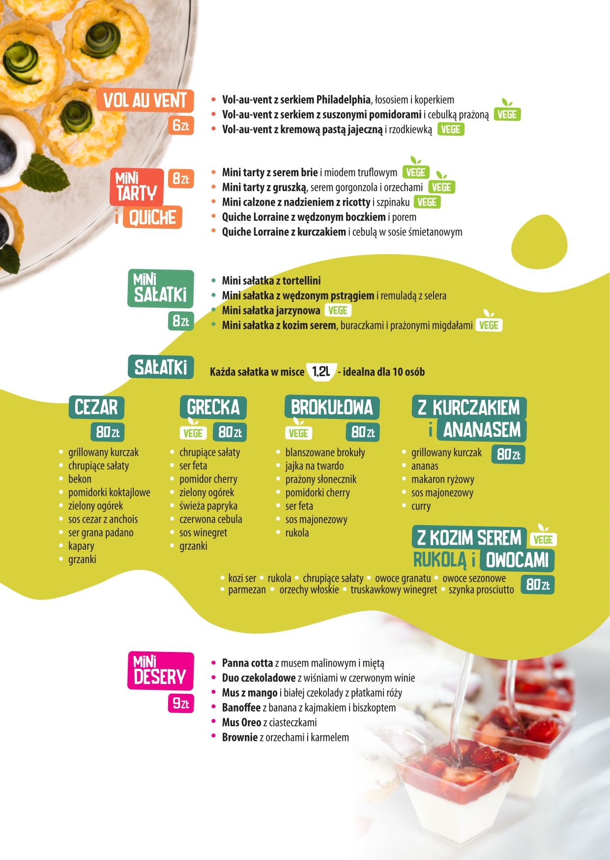 Menu z ofertą przekąsek i sałatek, w tym mini tarty, sałatki Cezar, grecka, brokułowa oraz desery w kubeczkach.