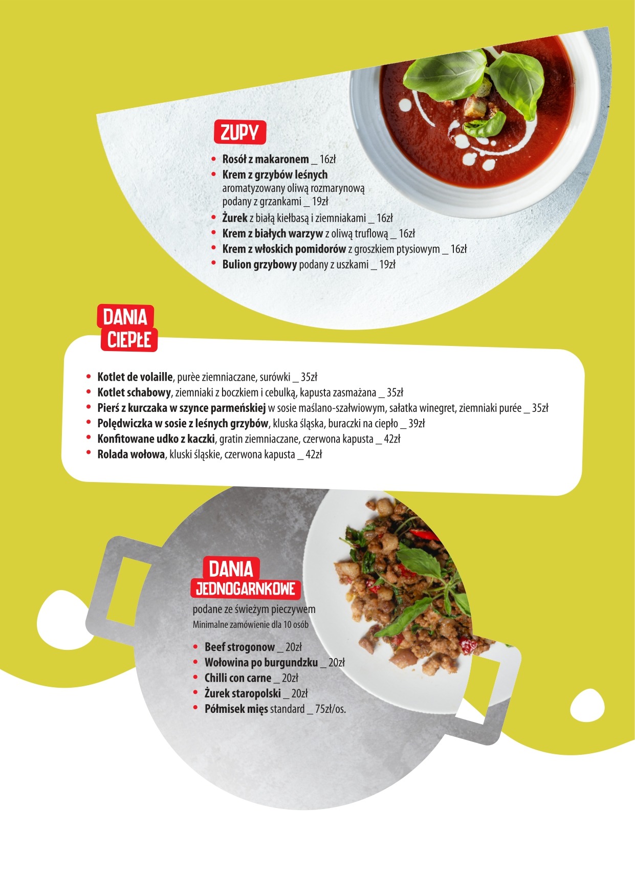 Karta menu restauracji z ofertą zup, dań ciepłych i jednogarnkowych z cenami, estetycznie zaprezentowana na tle w kolorach żółci i szarości.