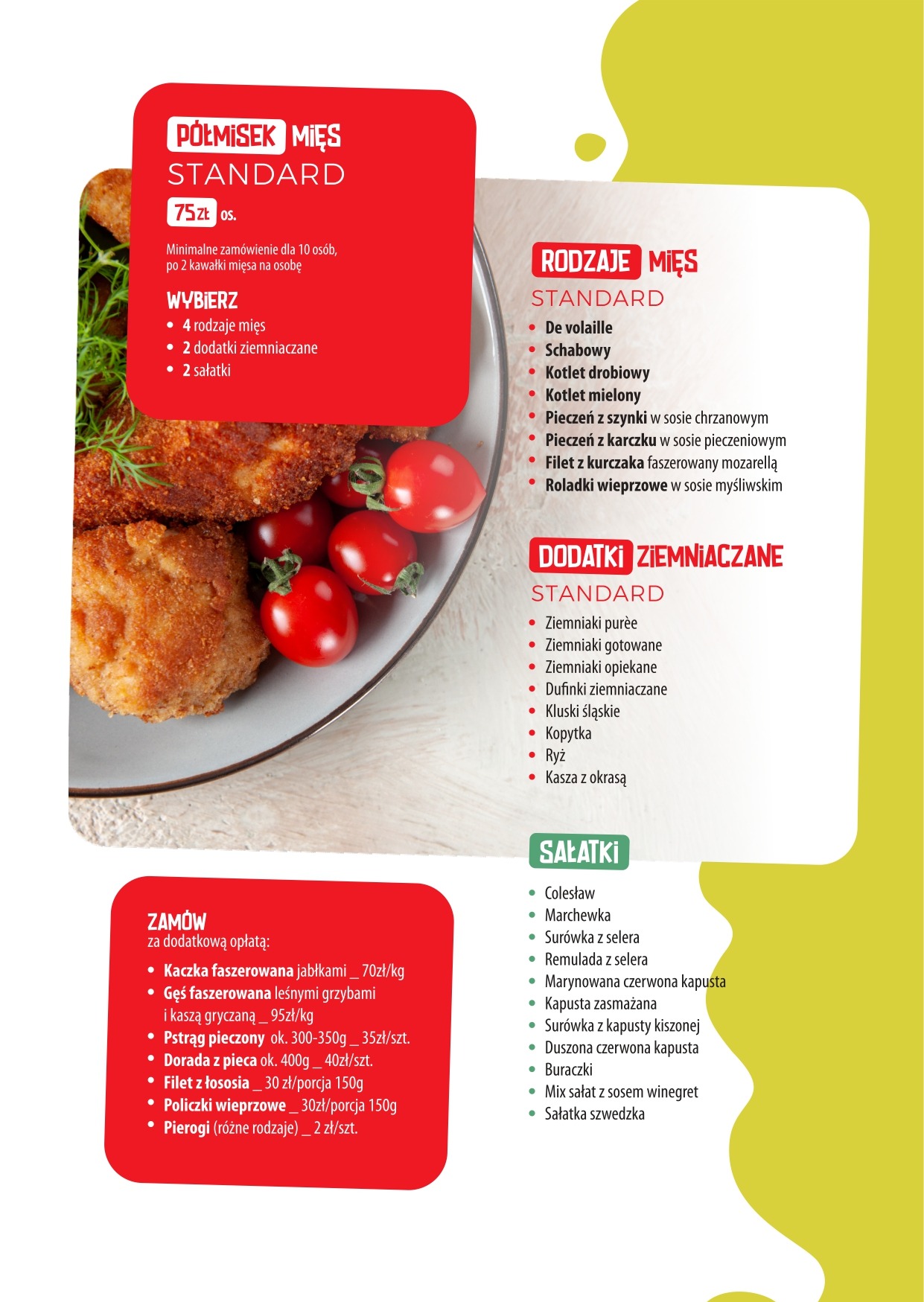 Półmisek mięsny z kotletami w panierce, pomidorkami koktajlowymi i zielonym koperkiem, prezentowany na talerzu z menu zawierającym listę dań mięsnych, dodatków ziemniaczanych i sałatek.