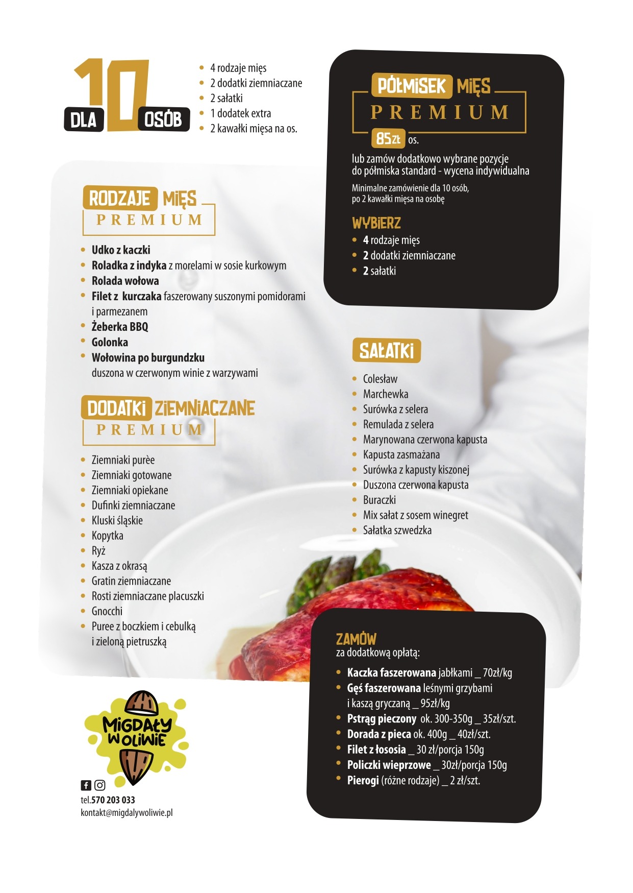 Menu cateringowe z ofertą półmiska mięs Premium, dodatków ziemniaczanych i sałatek, z informacją o minimalnym zamówieniu dla 10 osób i cenach dodatkowych dań.
