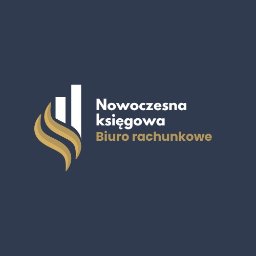 TAX SPÓŁKA Z OGRANICZONĄ ODPOWIEDZIALNOŚCIĄ - Logo 'Nowoczesna księgowa Biuro rachunkowe' na granatowym tle. Grafika z białymi słupkami i złotymi falami. Minimalistyczny design.