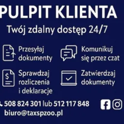 Pulpit Klienta: zdalny dostęp 24/7. Przesyłanie i zatwierdzanie dokumentów, sprawdzanie rozliczeń, komunikacja przez czat. Dane kontaktowe i ikony mediów społecznościowych.